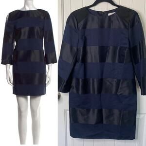 Nellie‎ Partow blue satin striped virgin wool shift dress size 4
